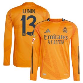 #13 Andriy Lunin Real Madrid 2024/25 Away Long Sleeve Player Jersey – Orange